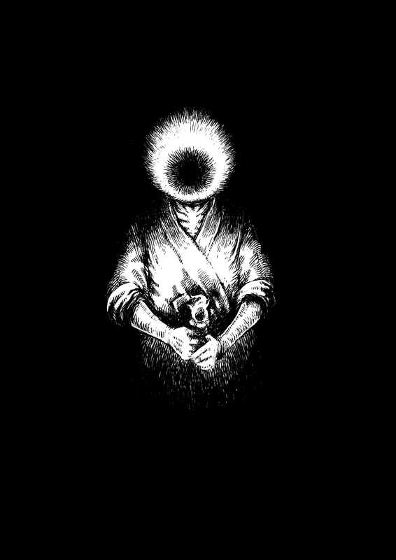 目のような光輪を持つ人物が蝋燭を手にするモノクロの支援イラスト